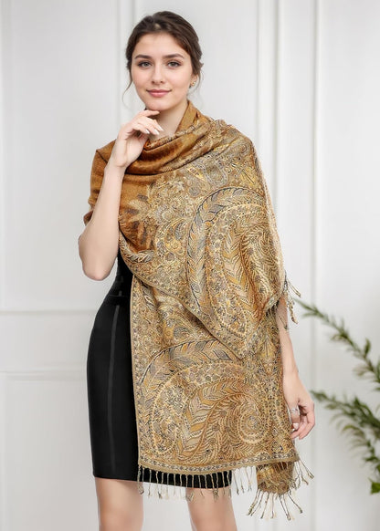 Reversible Paisley Pashmina Rave Scarf – Exotic Indian Shawls and Wraps for Evening Dresses, Festivals, All Seasons - Colors A