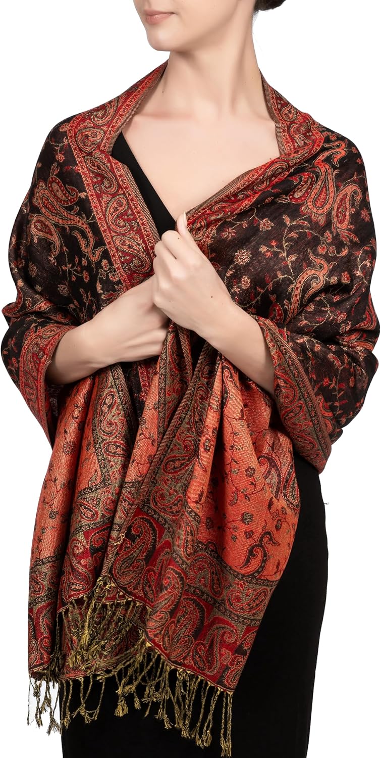 Reversible Paisley Pashmina Rave Scarf – Exotic Indian Shawls and Wraps for Evening Dresses, Festivals, All Seasons - Colors A