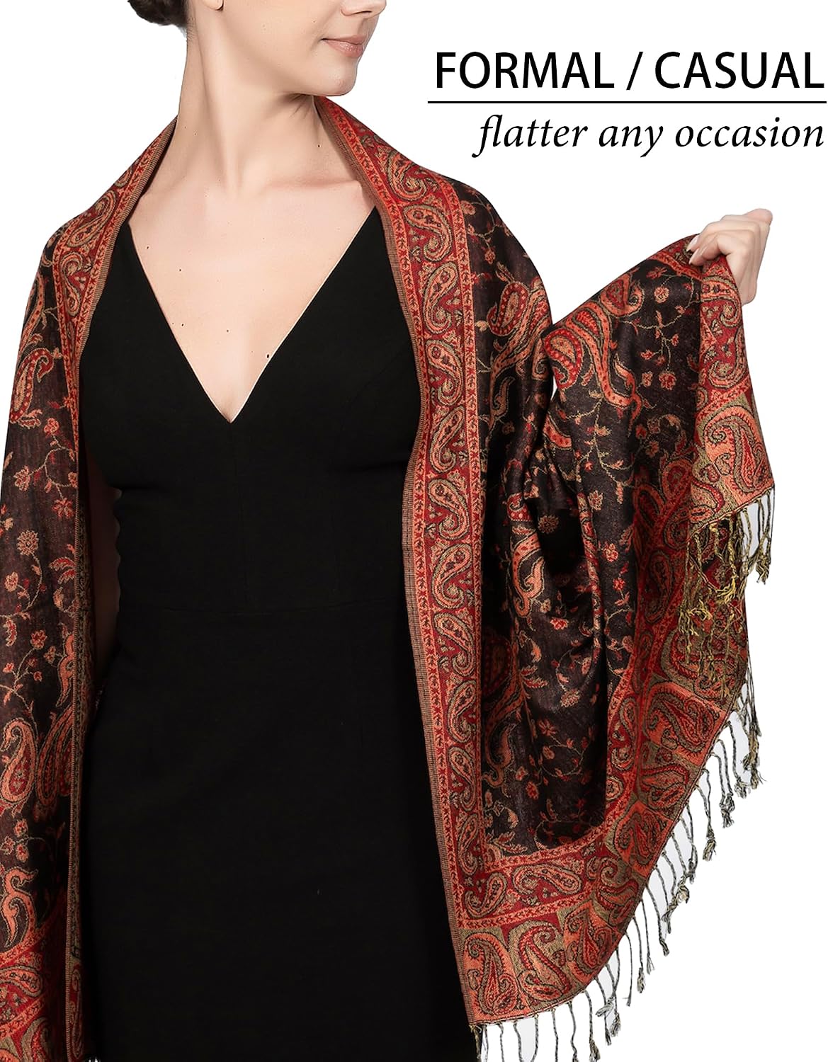 Reversible Paisley Pashmina Rave Scarf – Exotic Indian Shawls and Wraps for Evening Dresses, Festivals, All Seasons - Colors A