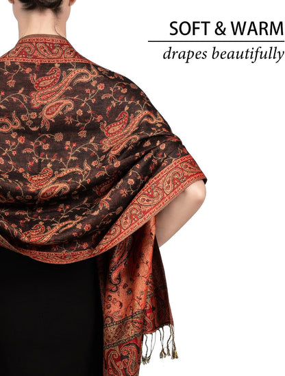 Reversible Paisley Pashmina Rave Scarf – Exotic Indian Shawls and Wraps for Evening Dresses, Festivals, All Seasons - Colors A