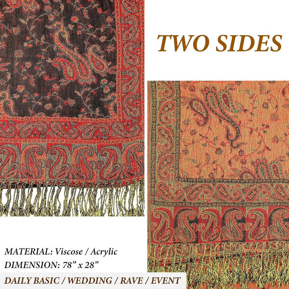 Reversible Paisley Pashmina Rave Scarf – Exotic Indian Shawls and Wraps for Evening Dresses, Festivals, All Seasons - Colors A