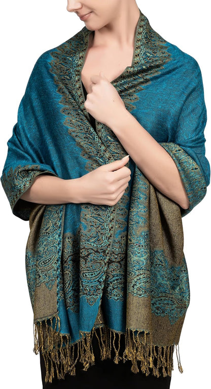 Reversible Paisley Pashmina Rave Scarf – Exotic Indian Shawls and Wraps for Evening Dresses, Festivals, All Seasons - Colors A
