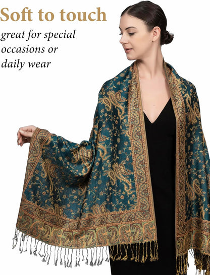 Reversible Paisley Pashmina Rave Scarf – Exotic Indian Shawls and Wraps for Evening Dresses, Festivals, All Seasons - Colors A