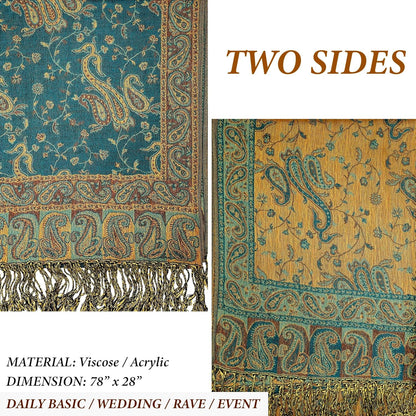 Reversible Paisley Pashmina Rave Scarf – Exotic Indian Shawls and Wraps for Evening Dresses, Festivals, All Seasons - Colors A