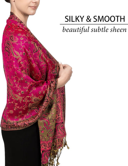 Reversible Paisley Pashmina Rave Scarf – Exotic Indian Shawls and Wraps for Evening Dresses, Festivals, All Seasons - Colors A