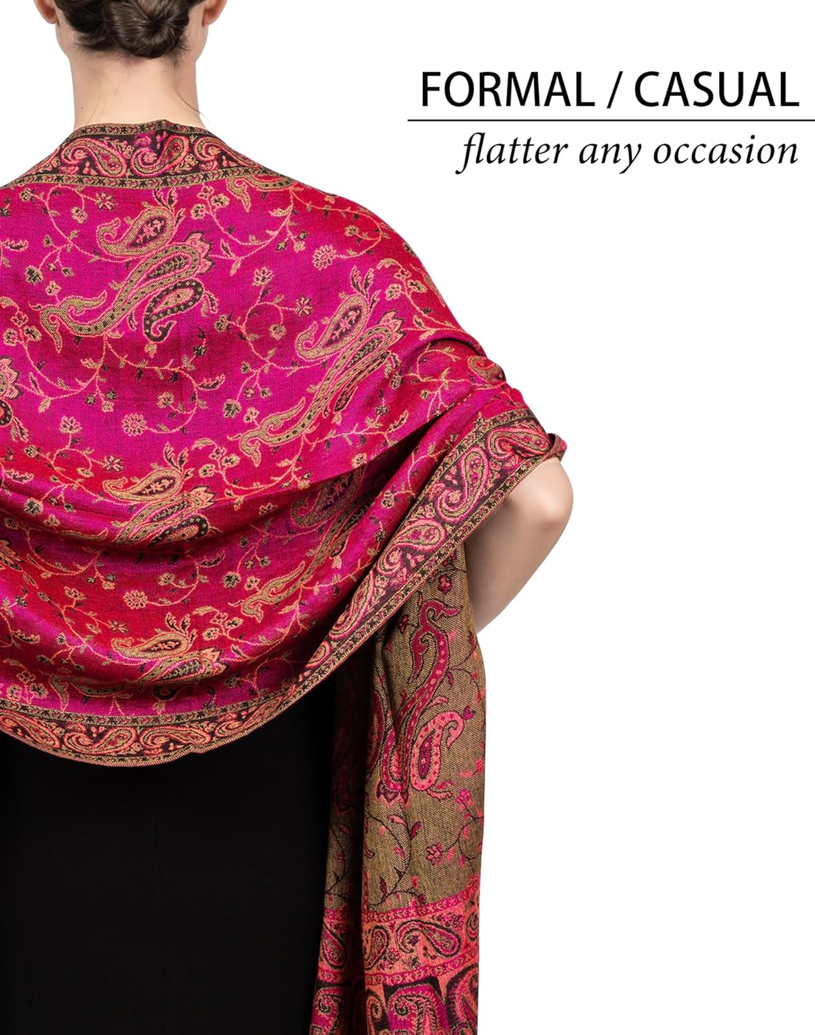 Reversible Paisley Pashmina Rave Scarf – Exotic Indian Shawls and Wraps for Evening Dresses, Festivals, All Seasons - Colors A