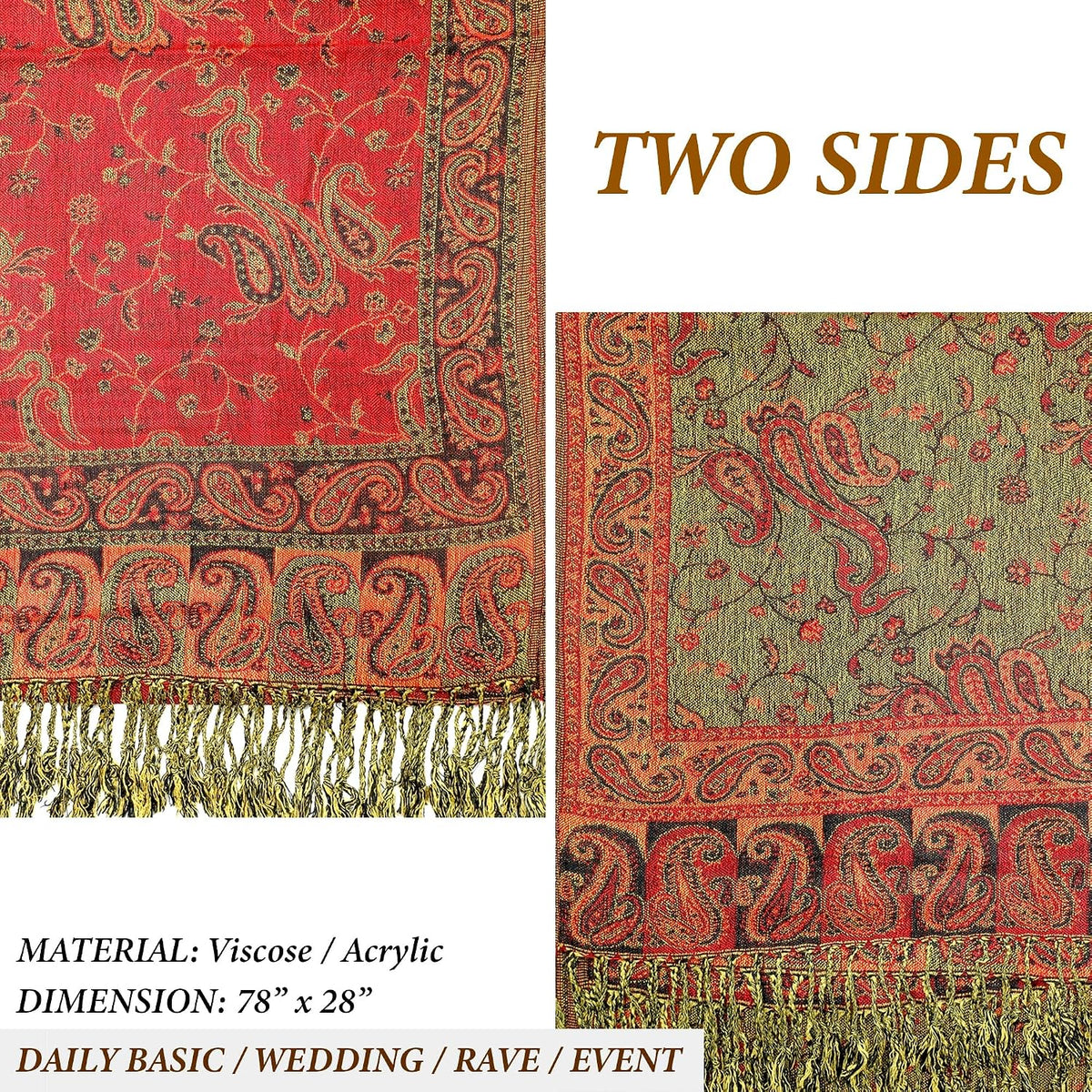 Reversible Paisley Pashmina Rave Scarf – Exotic Indian Shawls and Wraps for Evening Dresses, Festivals, All Seasons - Colors A