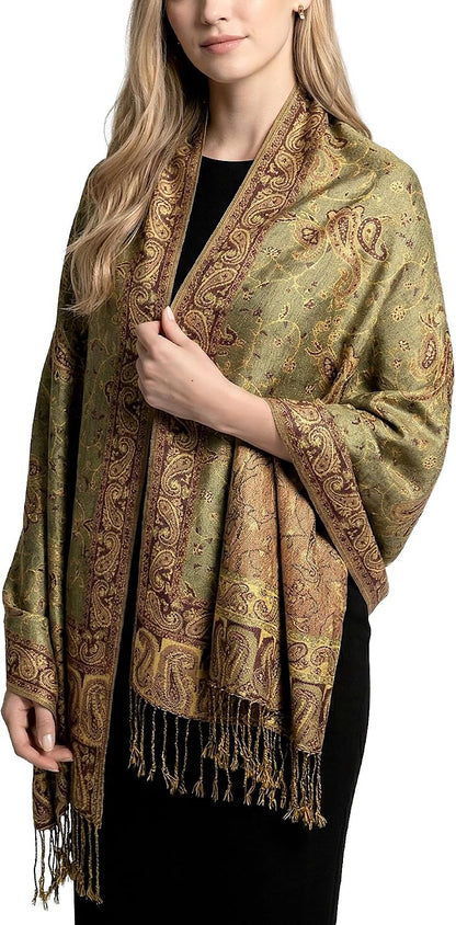 Reversible Paisley Pashmina Rave Scarf – Exotic Indian Shawls and Wraps for Evening Dresses, Festivals, All Seasons - Colors A