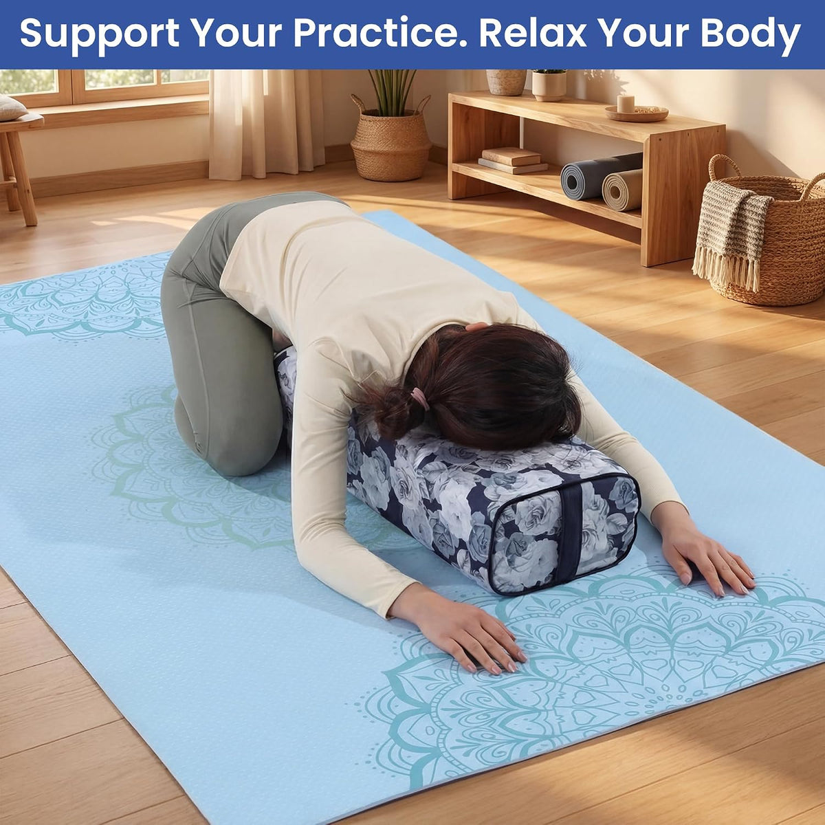 Printed Yoga Bolster Pillow, Triple-Layer Bolster Pillow with Canvas Cover, Rectangular Meditation Cushion for Restorative, Meditation