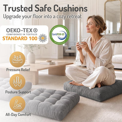 Large Floor Pillow for Adults, Square Meditation Cushion, 22 Inch Grey