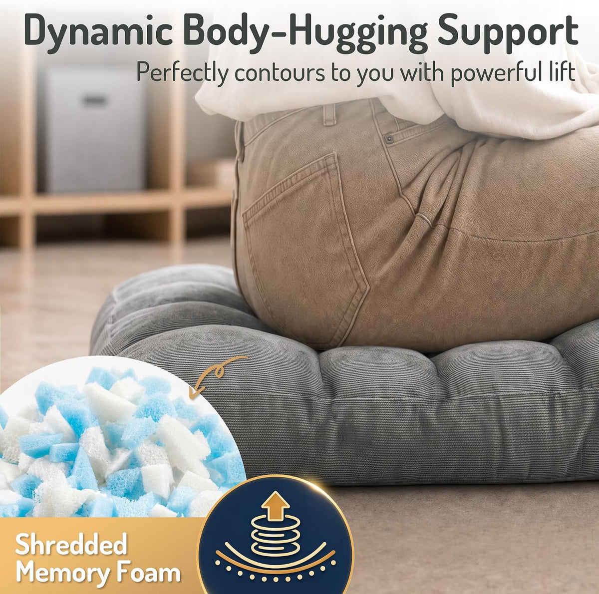 Large Floor Pillow for Adults, Square Meditation Cushion, 22 Inch Grey