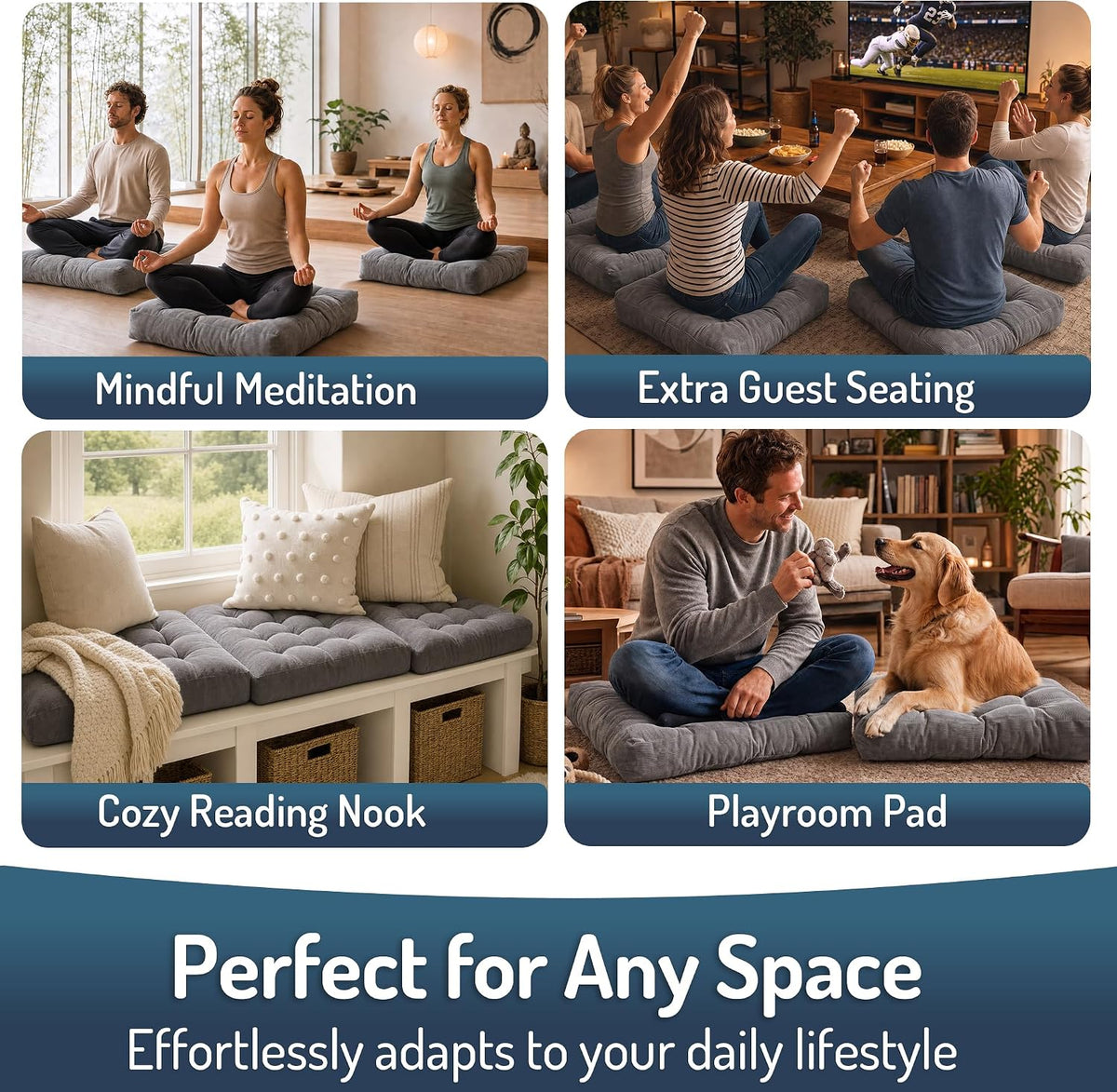 Large Floor Pillow for Adults, Square Meditation Cushion, 22 Inch Grey