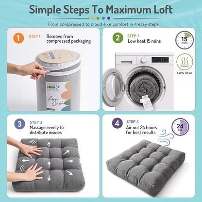 Large Floor Pillow for Adults, Square Meditation Cushion, 22 Inch Grey