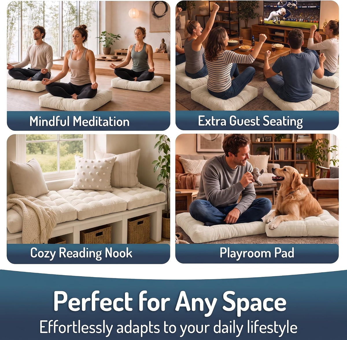 Large Floor Pillow for Adults, Square Meditation Cushion, 22 Inch Grey
