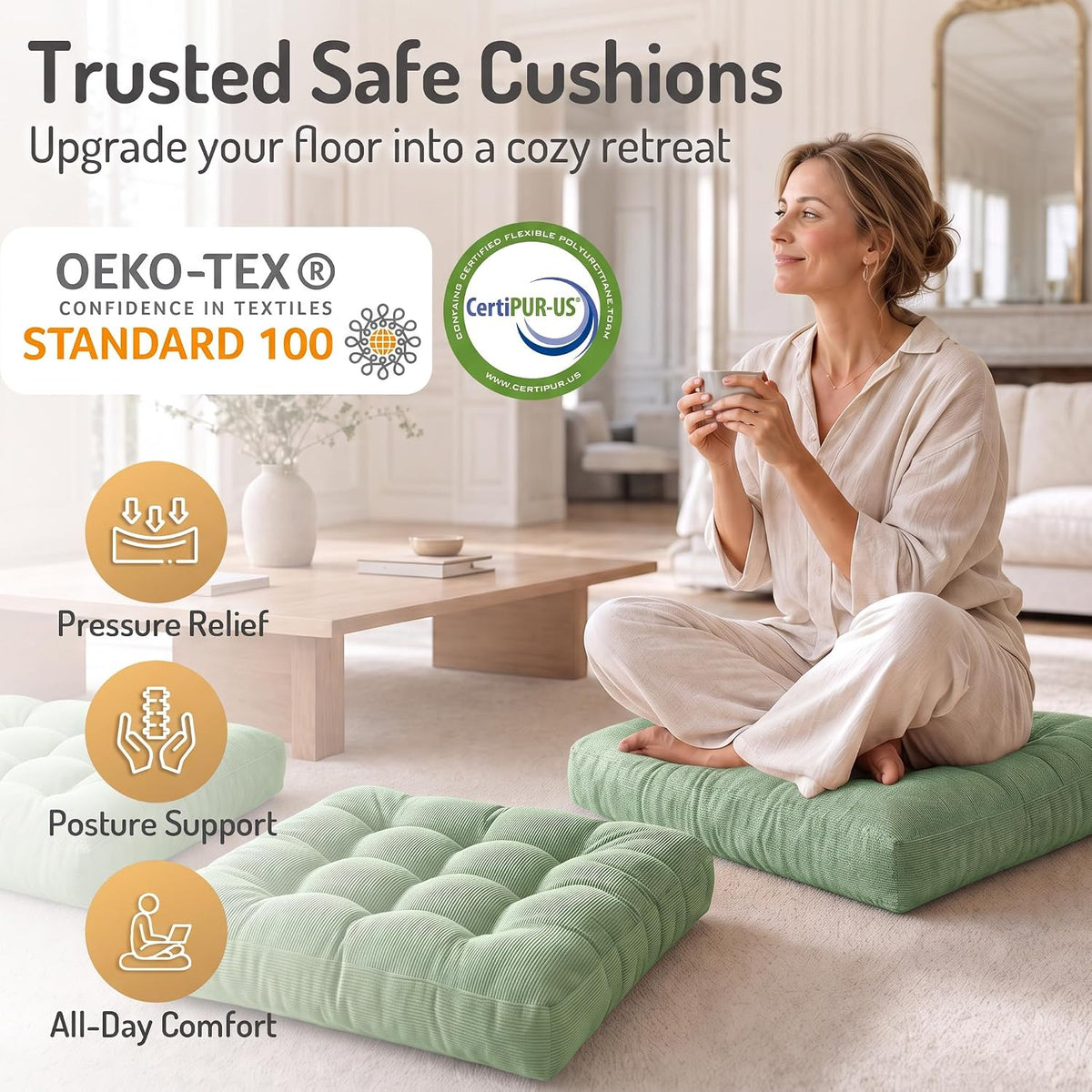 Large Floor Pillow for Adults, Square Meditation Cushion, 22 Inch Grey