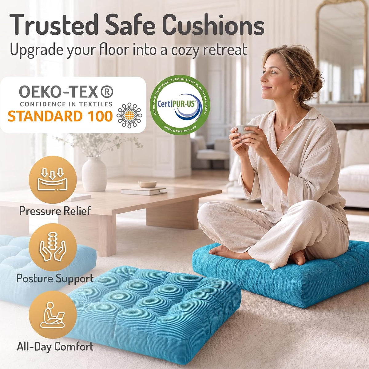 Large Floor Pillow for Adults, Square Meditation Cushion, 22 Inch Grey