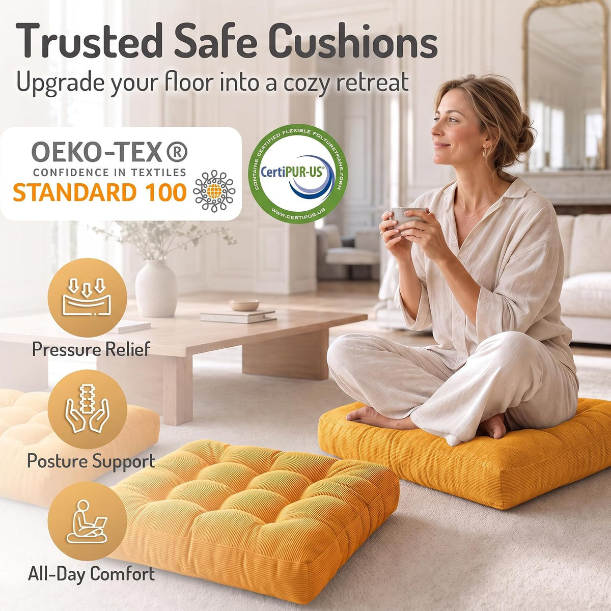 Large Floor Pillow for Adults, Square Meditation Cushion, 22 Inch Grey