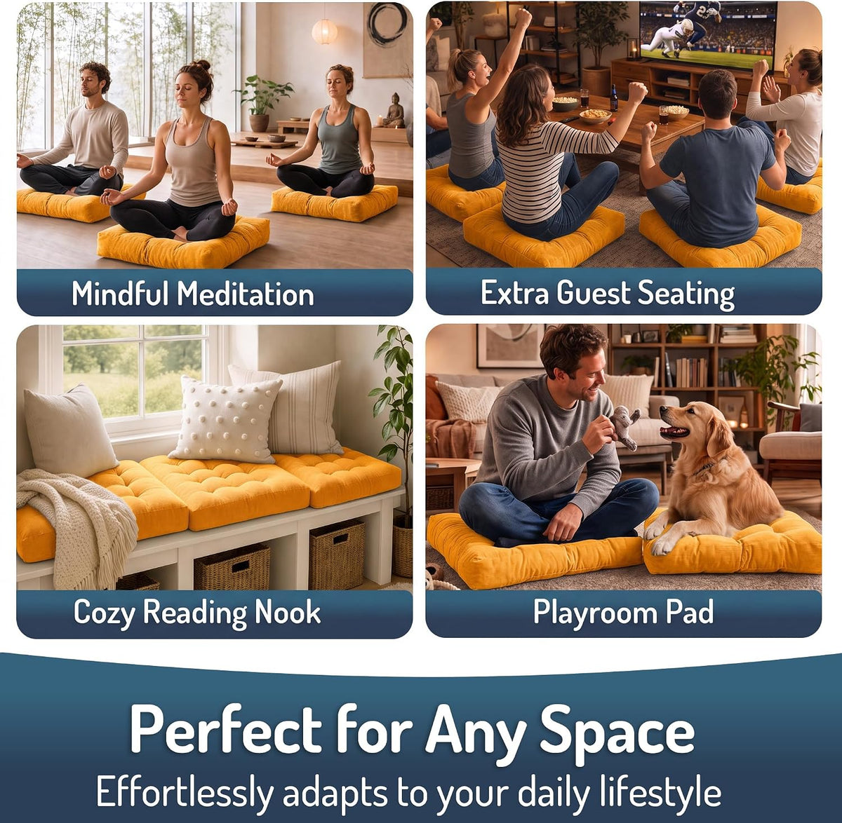 Large Floor Pillow for Adults, Square Meditation Cushion, 22 Inch Grey