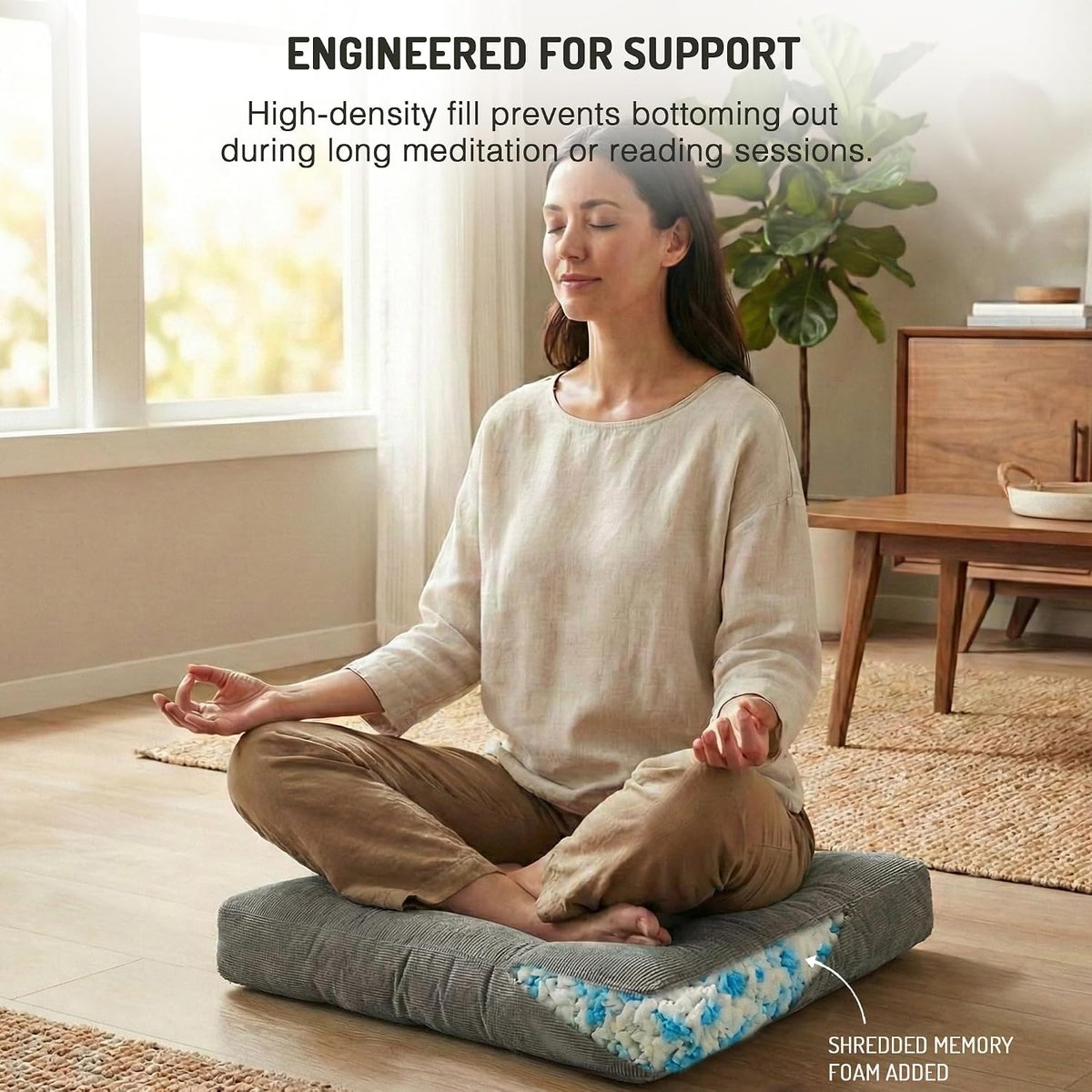 Large Floor Pillow for Adults, Square Meditation Cushion, 22 Inch Grey