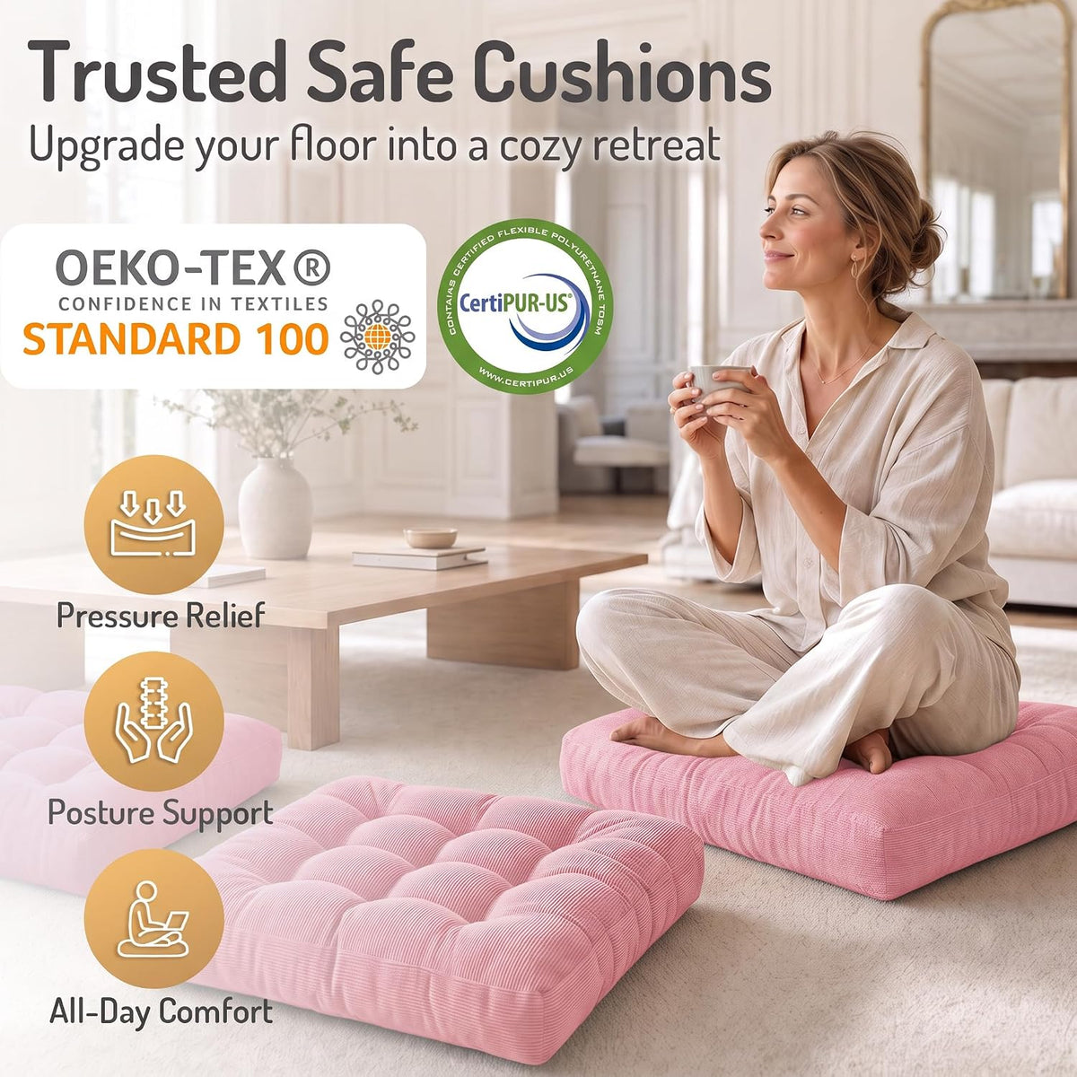 Large Floor Pillow for Adults, Square Meditation Cushion, 22 Inch Grey