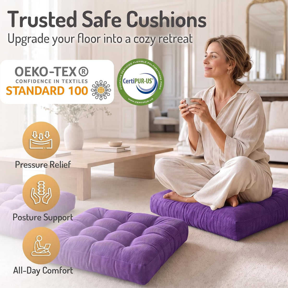 Large Floor Pillow for Adults, Square Meditation Cushion, 22 Inch Grey