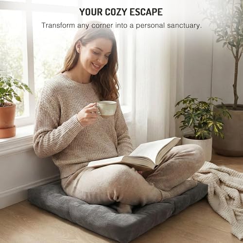 Large Floor Pillow for Adults, Square Meditation Cushion, 22 Inch Grey