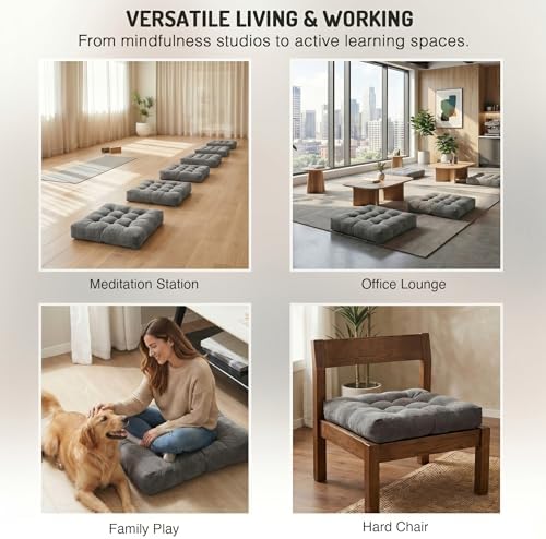 Large Floor Pillow for Adults, Square Meditation Cushion, 22 Inch Grey