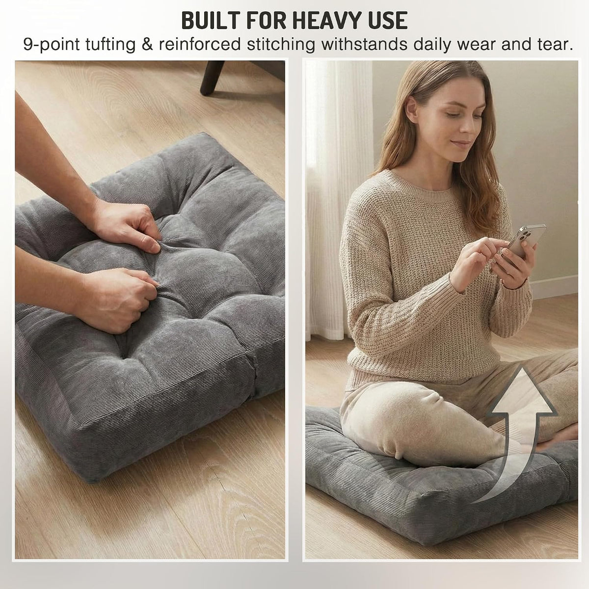 Large Floor Pillow for Adults, Square Meditation Cushion, 22 Inch Grey