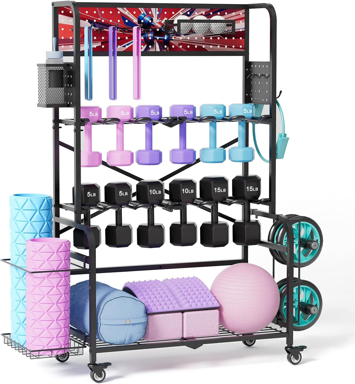 Heavy Duty Dual-Row Dumbbell Rack with Wheels, Home Gym Vertical Storage Stand with Yoga Mat Storage, Space Saving Fitness Equipment Organizer for Home Workout