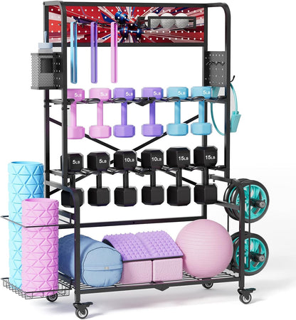 Heavy Duty Dual-Row Dumbbell Rack with Wheels, Home Gym Vertical Storage Stand with Yoga Mat Storage, Space Saving Fitness Equipment Organizer for Home Workout
