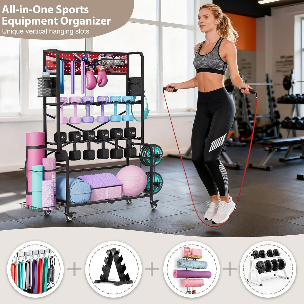 Heavy Duty Dual-Row Dumbbell Rack with Wheels, Home Gym Vertical Storage Stand with Yoga Mat Storage, Space Saving Fitness Equipment Organizer for Home Workout