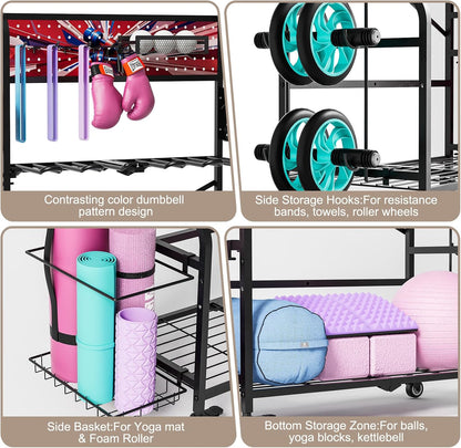 Heavy Duty Dual-Row Dumbbell Rack with Wheels, Home Gym Vertical Storage Stand with Yoga Mat Storage, Space Saving Fitness Equipment Organizer for Home Workout