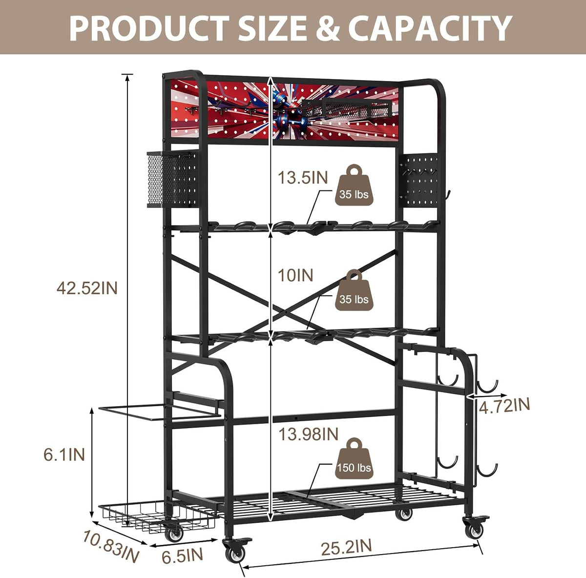 Heavy Duty Dual-Row Dumbbell Rack with Wheels, Home Gym Vertical Storage Stand with Yoga Mat Storage, Space Saving Fitness Equipment Organizer for Home Workout