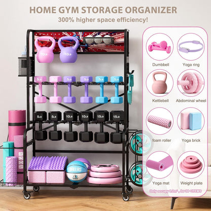 Heavy Duty Dual-Row Dumbbell Rack with Wheels, Home Gym Vertical Storage Stand with Yoga Mat Storage, Space Saving Fitness Equipment Organizer for Home Workout