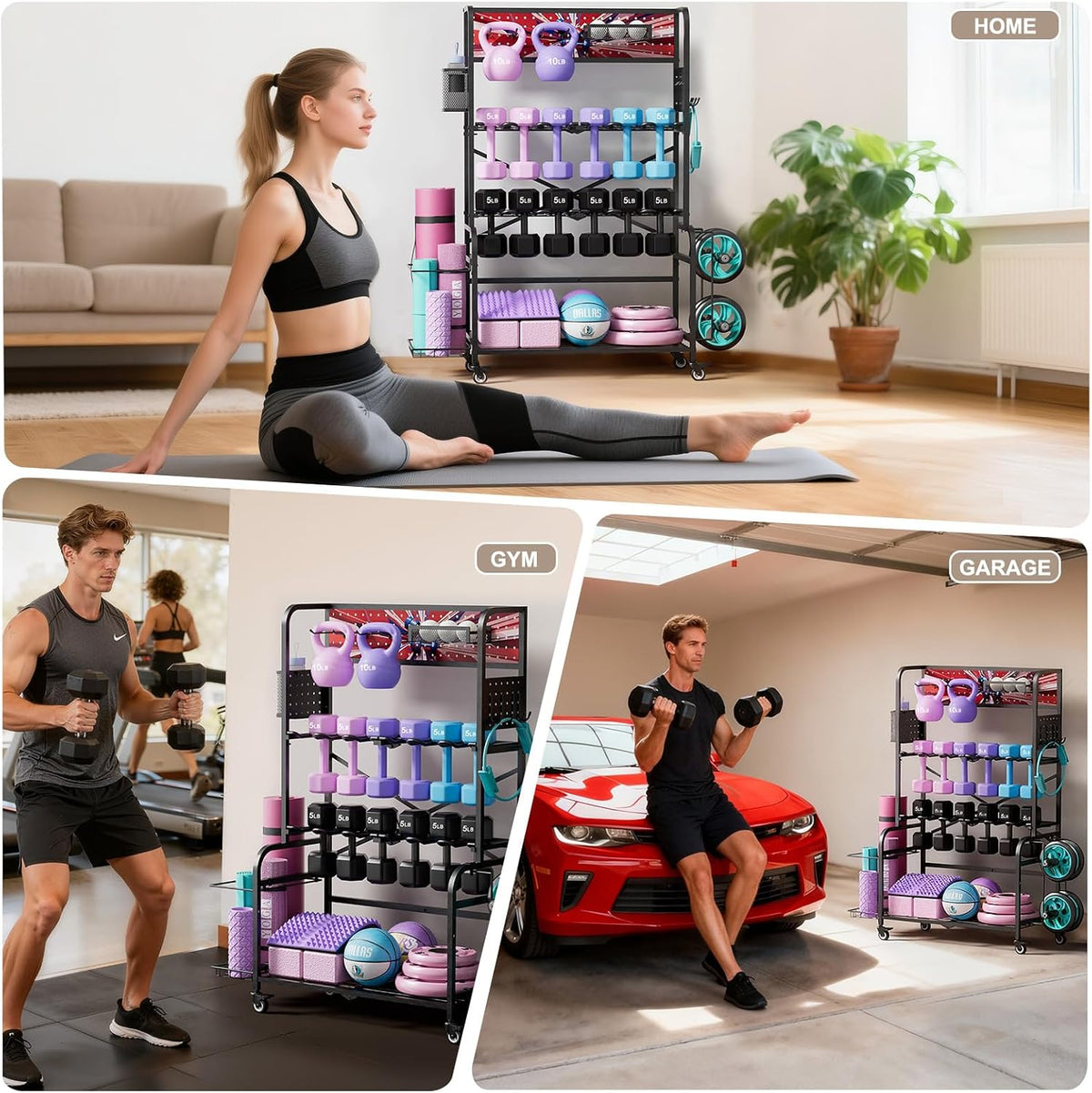 Heavy Duty Dual-Row Dumbbell Rack with Wheels, Home Gym Vertical Storage Stand with Yoga Mat Storage, Space Saving Fitness Equipment Organizer for Home Workout