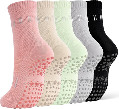 5 Pairs Pilates Socks Yoga Crew Socks with Grips for Women Non Slip