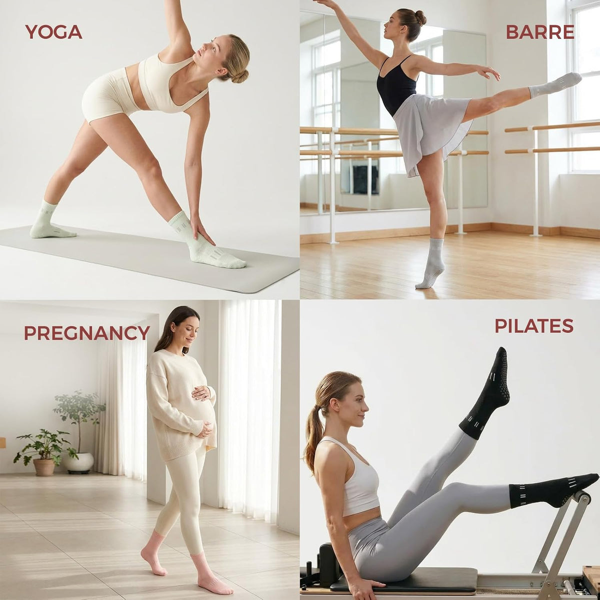 5 Pairs Pilates Socks Yoga Crew Socks with Grips for Women Non Slip