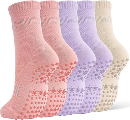 5 Pairs Pilates Socks Yoga Crew Socks with Grips for Women Non Slip