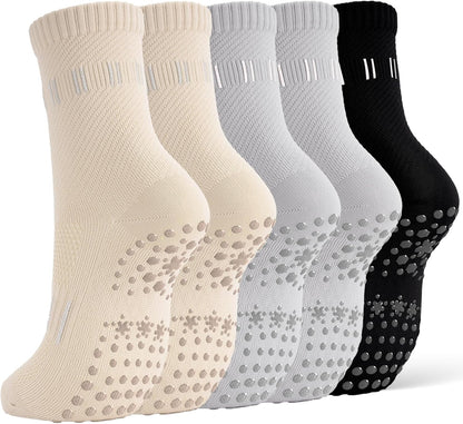 5 Pairs Pilates Socks Yoga Crew Socks with Grips for Women Non Slip