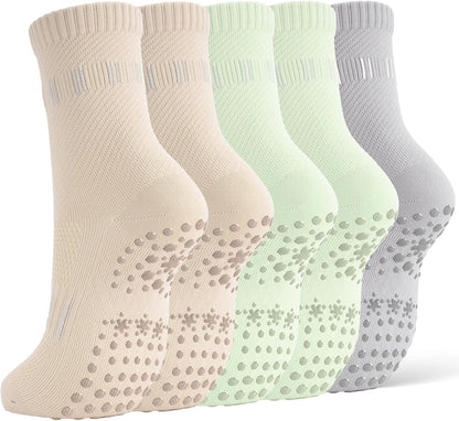 5 Pairs Pilates Socks Yoga Crew Socks with Grips for Women Non Slip