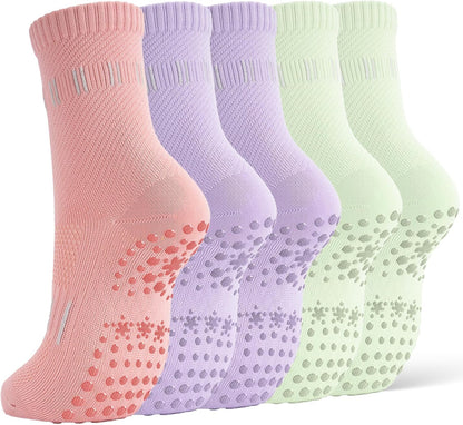 5 Pairs Pilates Socks Yoga Crew Socks with Grips for Women Non Slip