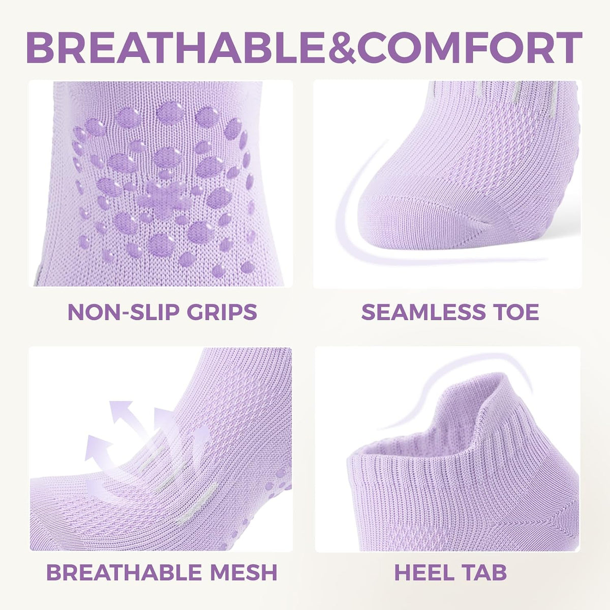 5 Pairs Pilates Socks Yoga Crew Socks with Grips for Women Non Slip