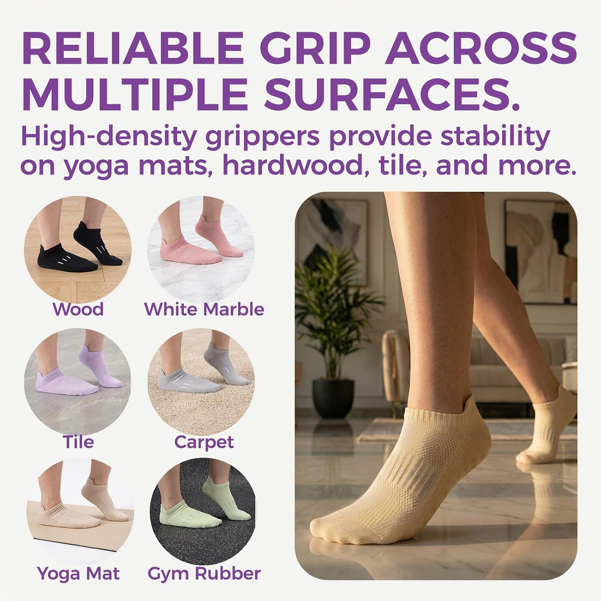 5 Pairs Pilates Socks Yoga Crew Socks with Grips for Women Non Slip