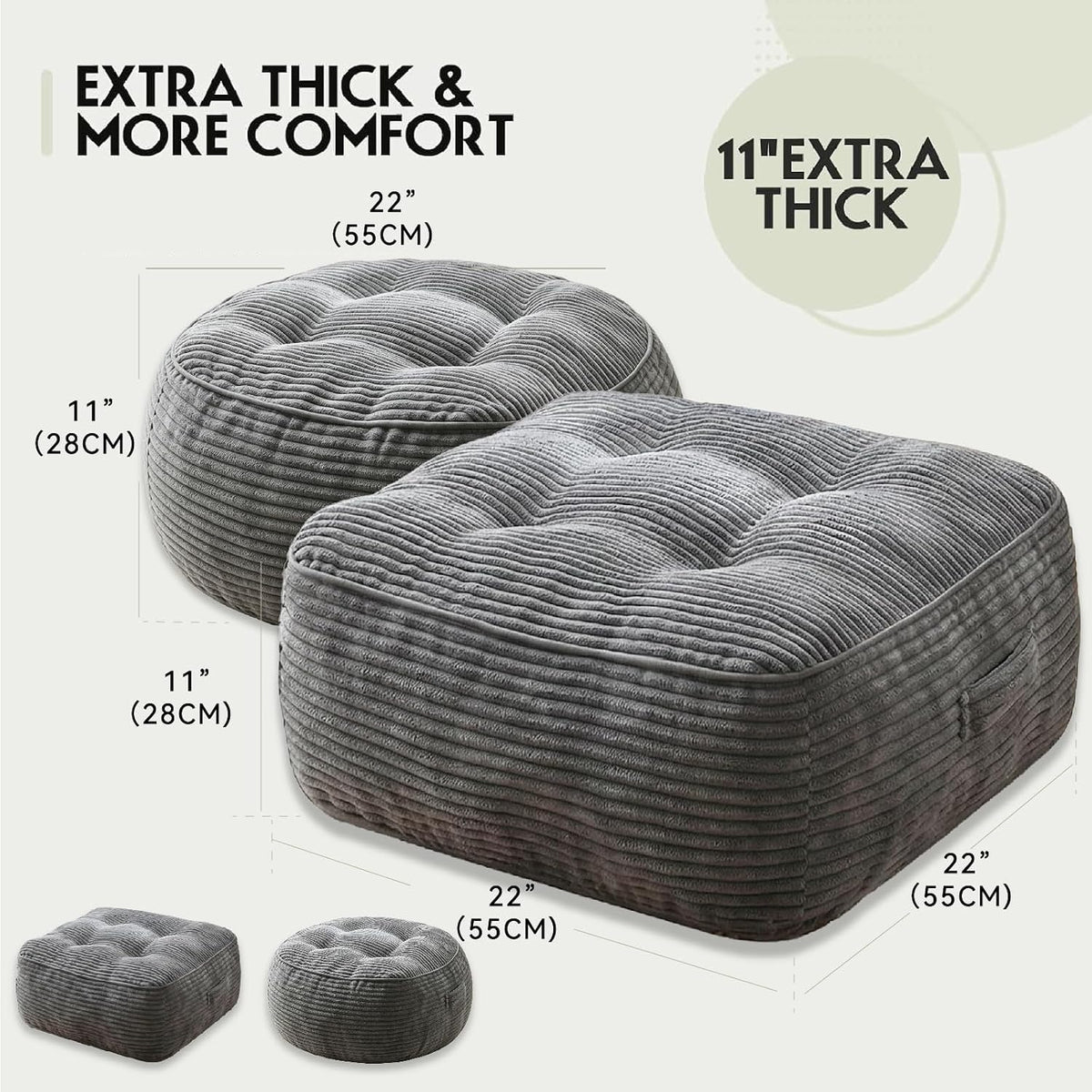 11" Thick Washable Floor Pillow for Adults, Yoga & Meditation Cushion with Handle, Square Large Pillows Seating with Removable Tufted Corduroy Cover for Tatami Living Room Board Games, Blind Shape