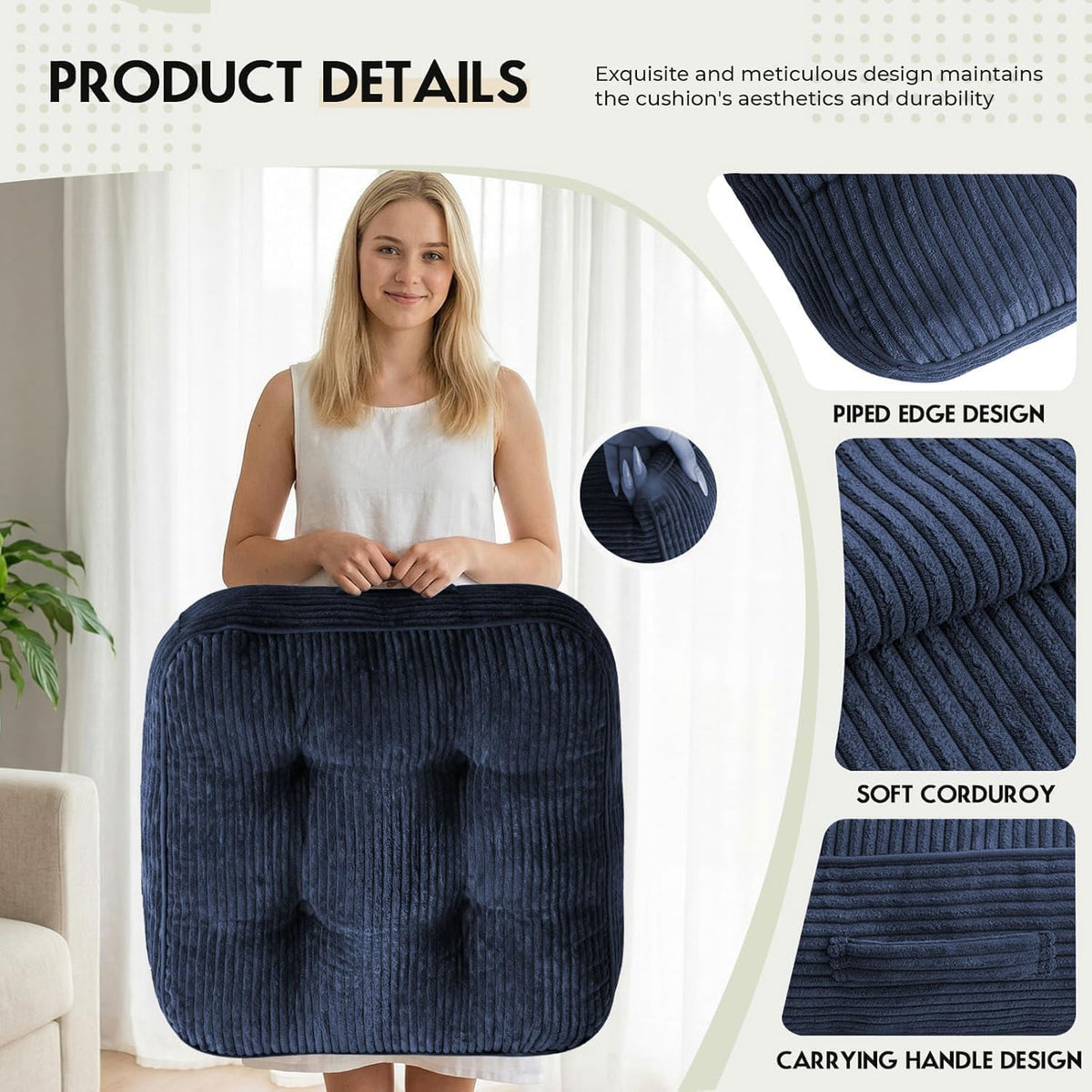 11" Thick Washable Floor Pillow for Adults, Yoga & Meditation Cushion with Handle, Square Large Pillows Seating with Removable Tufted Corduroy Cover for Tatami Living Room Board Games, Blind Shape