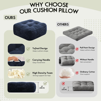 11" Thick Washable Floor Pillow for Adults, Yoga & Meditation Cushion with Handle, Square Large Pillows Seating with Removable Tufted Corduroy Cover for Tatami Living Room Board Games, Blind Shape