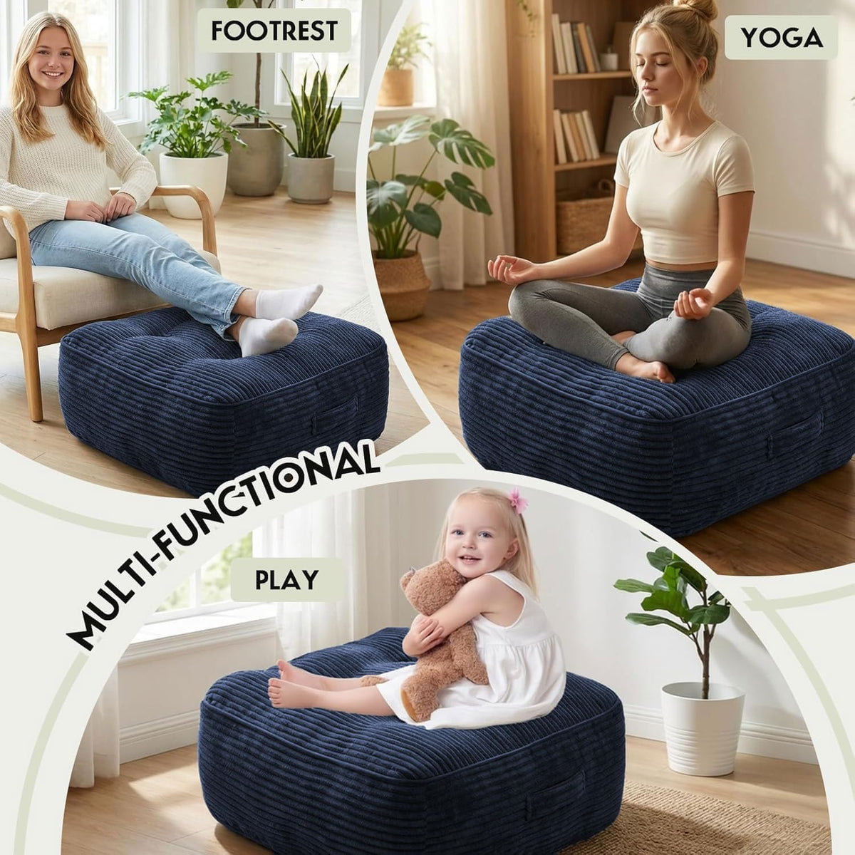 11" Thick Washable Floor Pillow for Adults, Yoga & Meditation Cushion with Handle, Square Large Pillows Seating with Removable Tufted Corduroy Cover for Tatami Living Room Board Games, Blind Shape