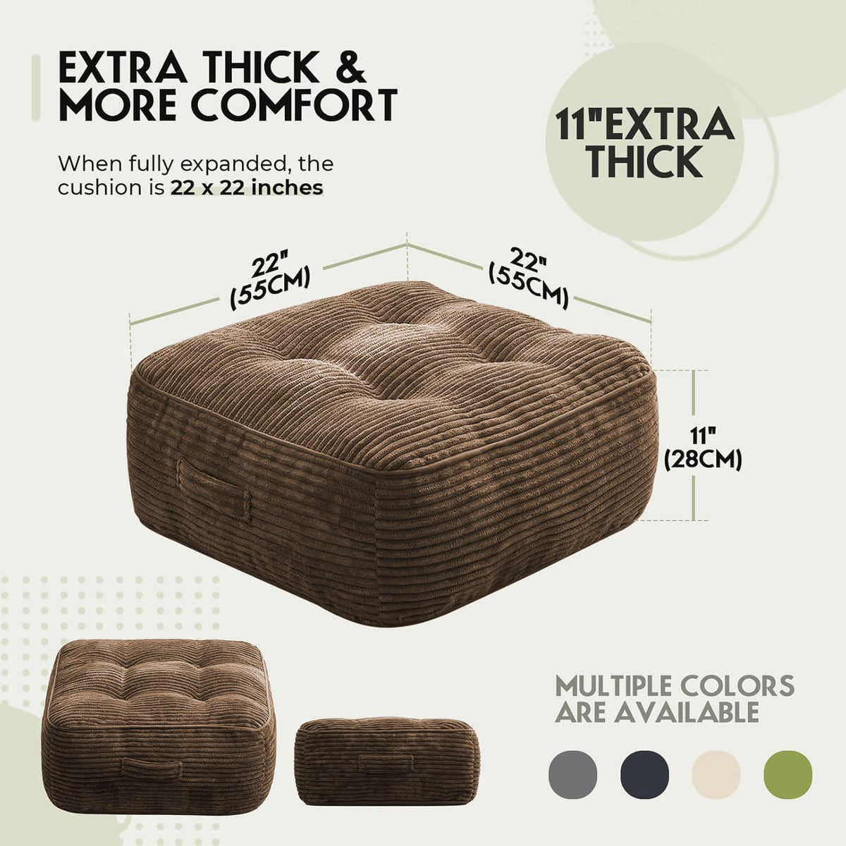 11" Thick Washable Floor Pillow for Adults, Yoga & Meditation Cushion with Handle, Square Large Pillows Seating with Removable Tufted Corduroy Cover for Tatami Living Room Board Games, Blind Shape