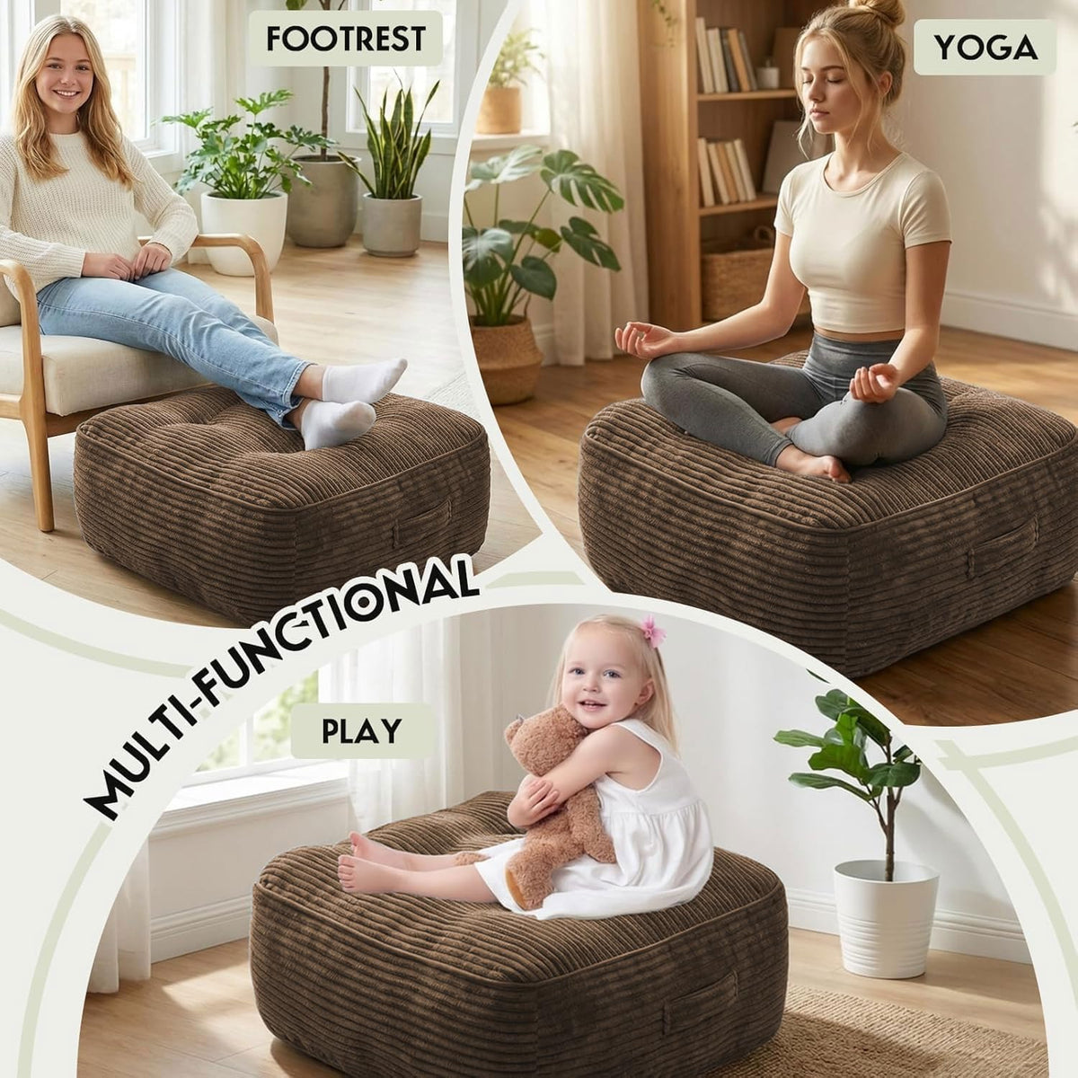 11" Thick Washable Floor Pillow for Adults, Yoga & Meditation Cushion with Handle, Square Large Pillows Seating with Removable Tufted Corduroy Cover for Tatami Living Room Board Games, Blind Shape