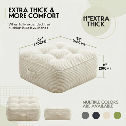 11" Thick Washable Floor Pillow for Adults, Yoga & Meditation Cushion with Handle, Square Large Pillows Seating with Removable Tufted Corduroy Cover for Tatami Living Room Board Games, Blind Shape